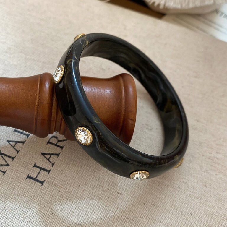 Marbled Resin Rhinestone Bangle – 3 Color Vintage Cuff Bracelet for Women