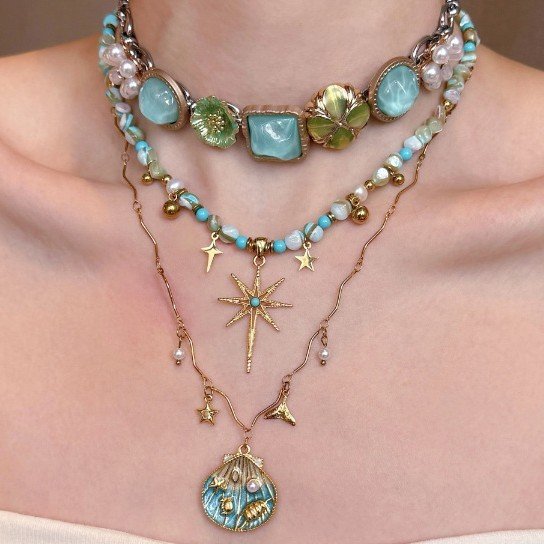 Boho Beaded Necklace – Layered Shell Sun Pendant Hippie Choker for Women