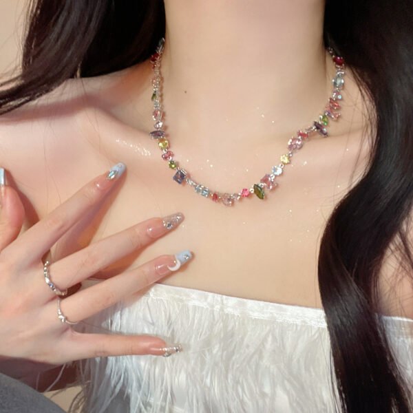 Rainbow crystal necklace and bracelet set with pastel heart shaped gemstones. Sweet colorful jewelry for women.