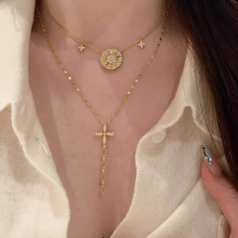 Cross pendant and compass star choker set. Gothic tassel necklace for layering. Wear together or separately. Lightweight gold chain