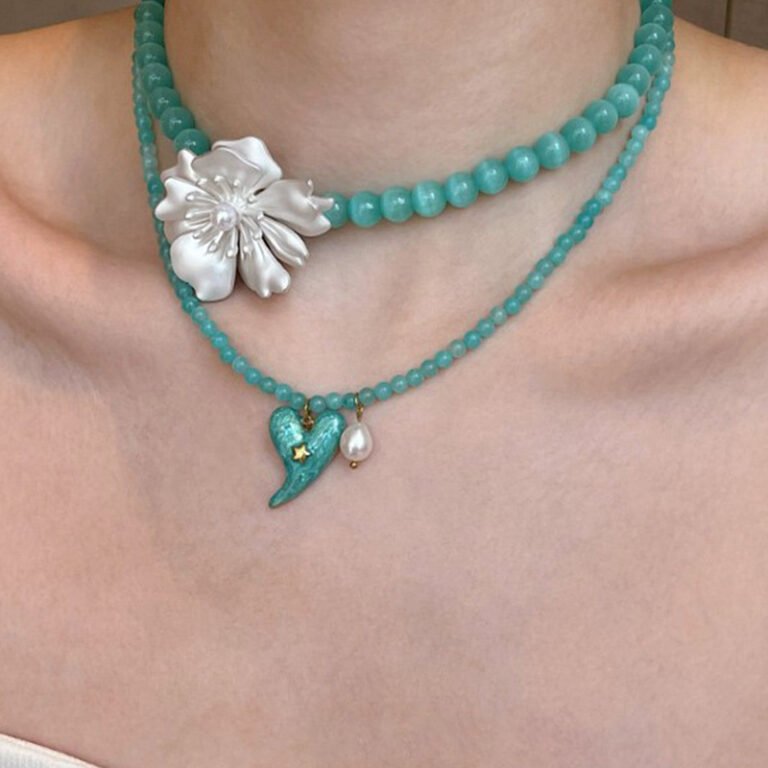 Mint green bead necklace with layered heart and flower daisy chain. Sweet Y2K choker. Lightweight and stackable