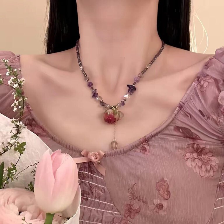 Purple rose necklace with real dried flower preserved in resin. Vintage beaded choker. Lightweight and romantic