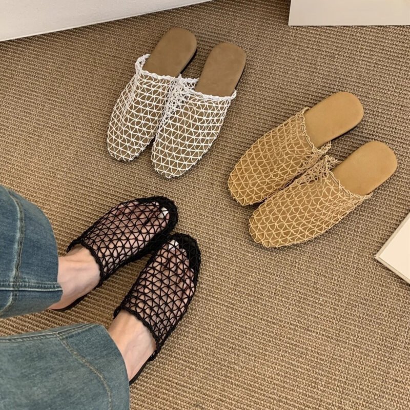 Woven mules with fishtail design. Breathable summer slippers for daily wear. Lightweight and comfortable. Available in Yellow, Off-White, and Black. Free shipping $38+.