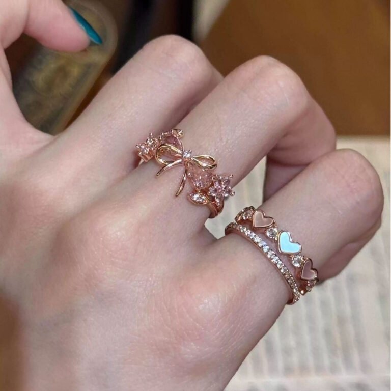 Bow Heart Ring Set – Korean Style Stackable Pink Rings for Women