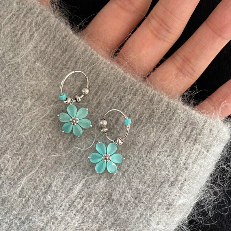Flower Hoop Earrings – Mint Cat Eye Stone Korean Style Earrings for Women