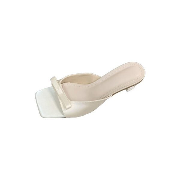 Chunky heel sandals with satin bow and square toe. Comfortable dress sandals for summer.