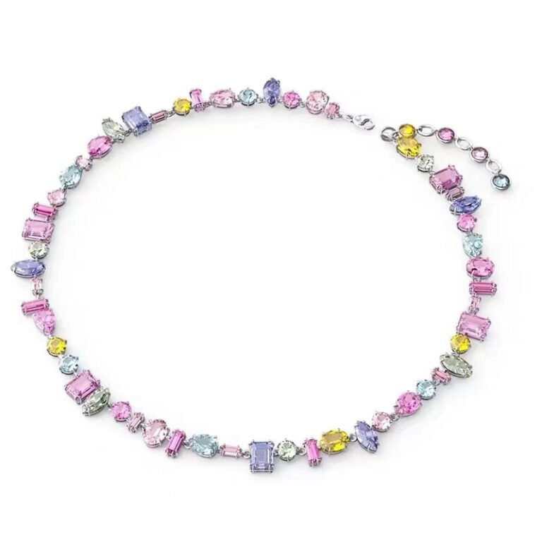 Rainbow crystal necklace and bracelet set with pastel heart shaped gemstones. Sweet colorful jewelry for women.