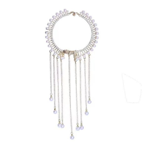 Pearl hair clip with tassel and chain details. Twist clamp for buns and updos. Elegant bridal hair accessory.