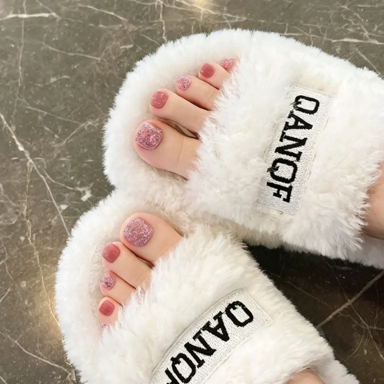 Toe Press On Nails – Pink Glitter Icy Jelly Pedicure Fake Nails for Women