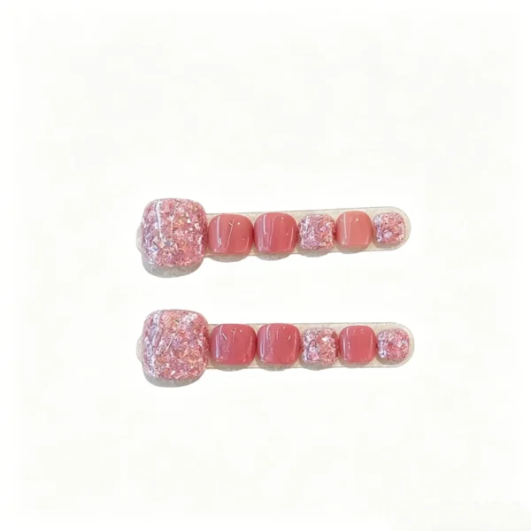 Toe Press On Nails – Pink Glitter Icy Jelly Pedicure Fake Nails for Women