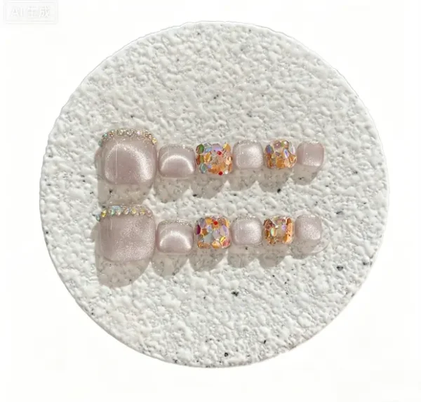 Toe press on nails with milky white cat eye and fine glitter. Reusable pedicure fake nails for sandals.