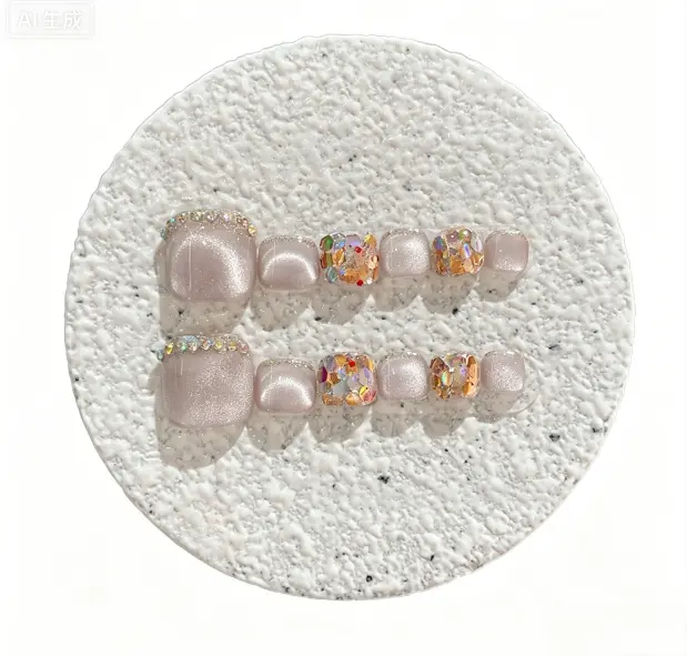 Toe press on nails with milky white cat eye and fine glitter. Reusable pedicure fake nails for sandals.