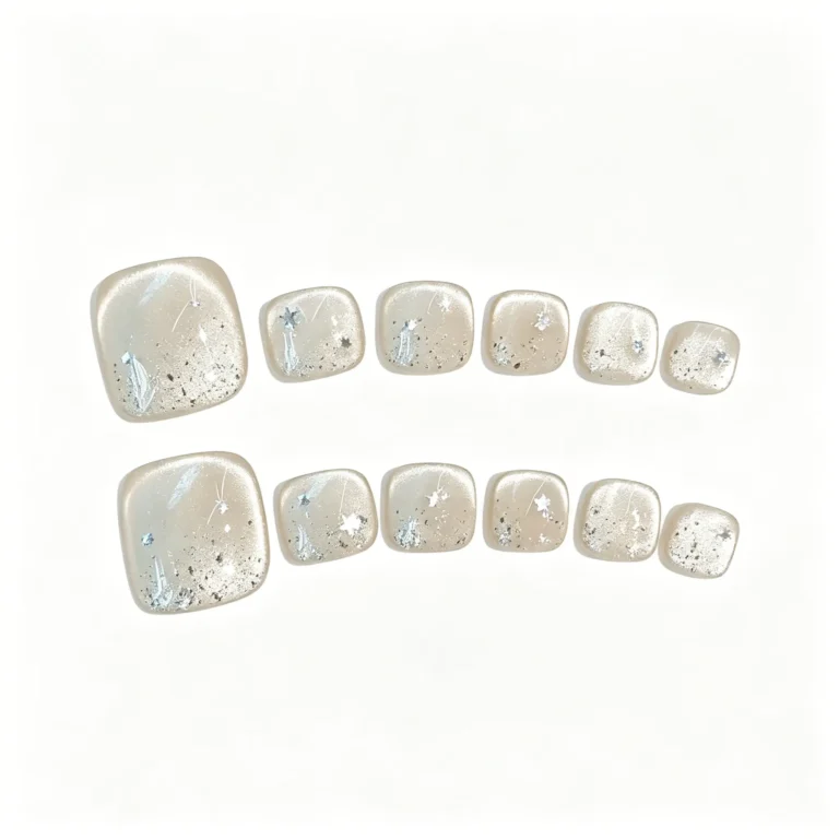 Toe press on nails in nude glitter cat eye finish. Milky white jelly pedicure fake nails for sandals. Short length, reusable. Available in S, M, L.