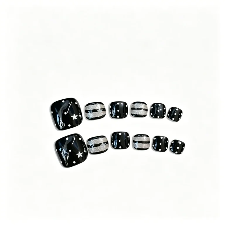 Toe press on nails in black with white polka dots and stars. Sweet cool pedicure fake nails for sandals. Short length, reusable. Available in S, M, L. Free shipping $38+.