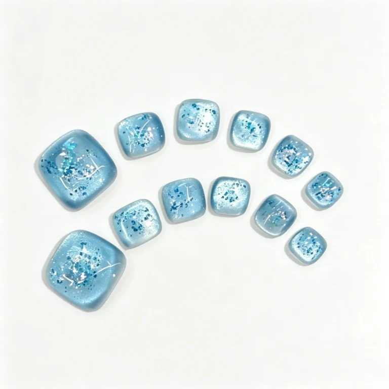 Toe press on nails in blue cat eye finish. Ocean blue icy jelly pedicure fake nails for sandals. Short length, reusable. Available in S, M, L. Free shipping $38+.