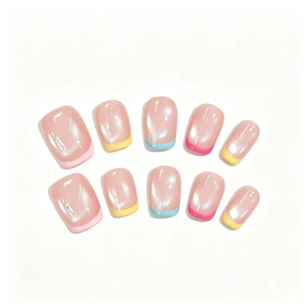 Press on nails with colorful french tip and rainbow cat eye. Pastel shades on each finger. Short length, reusable.