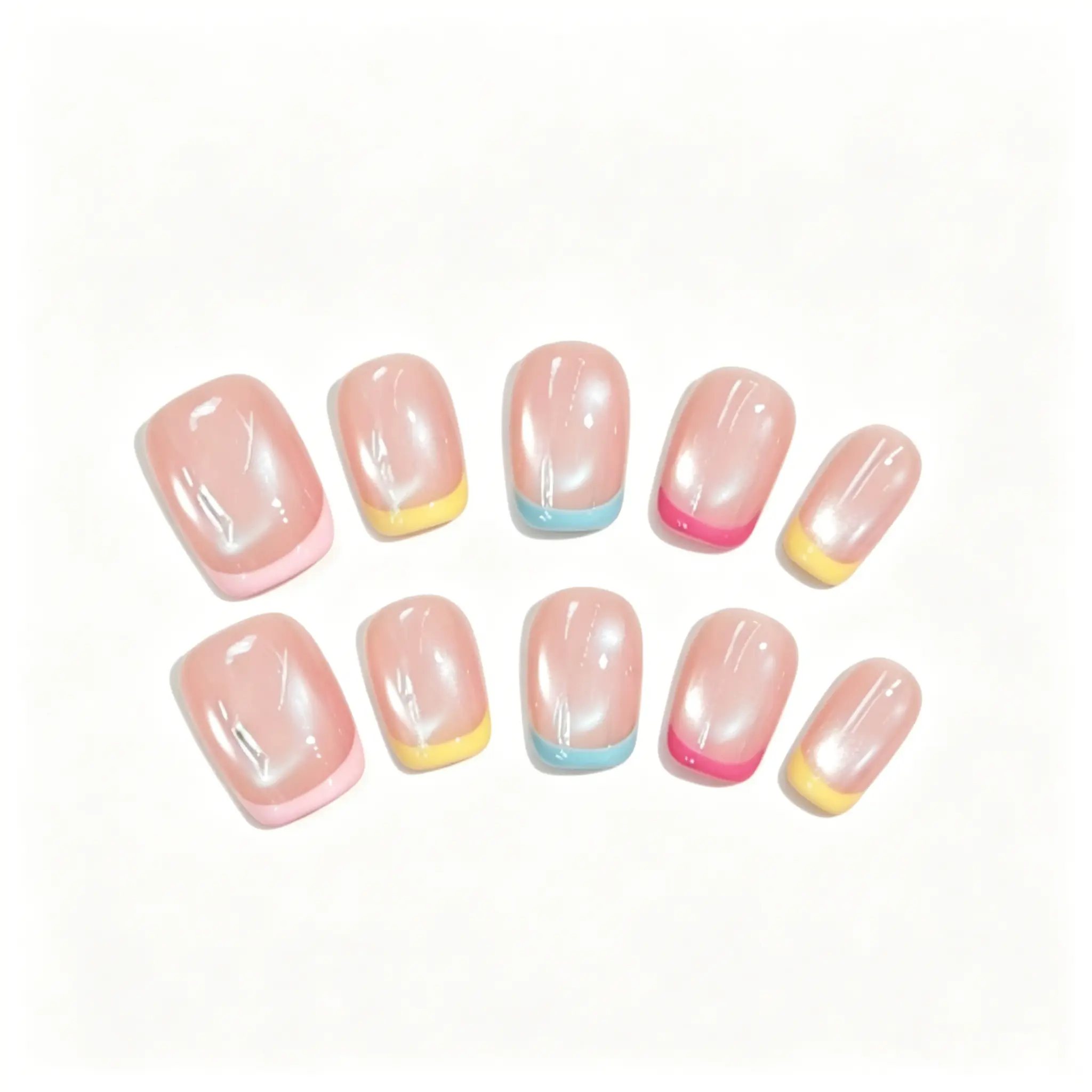 微信图片_20260608135548_634_3 Press on nails with colorful french tip and rainbow cat eye. Pastel shades on each finger. Short length, reusable.