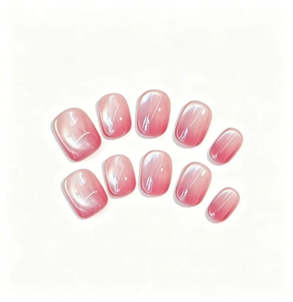 Press on nails with purple pink gradient, cat eye jelly finish, and soft blush center. Dreamy and romantic.