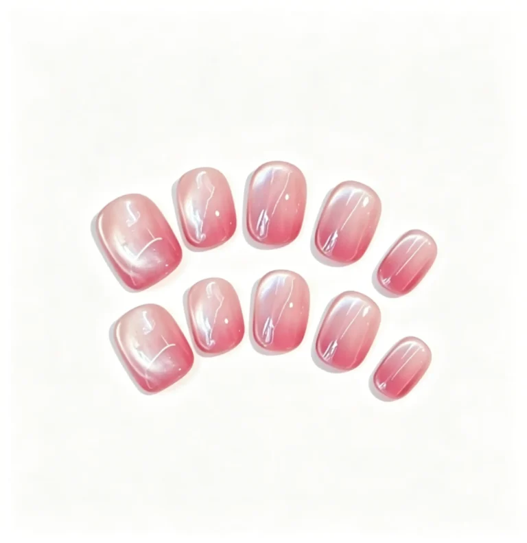 Press on nails with purple pink gradient, cat eye jelly finish, and soft blush center. Dreamy and romantic.