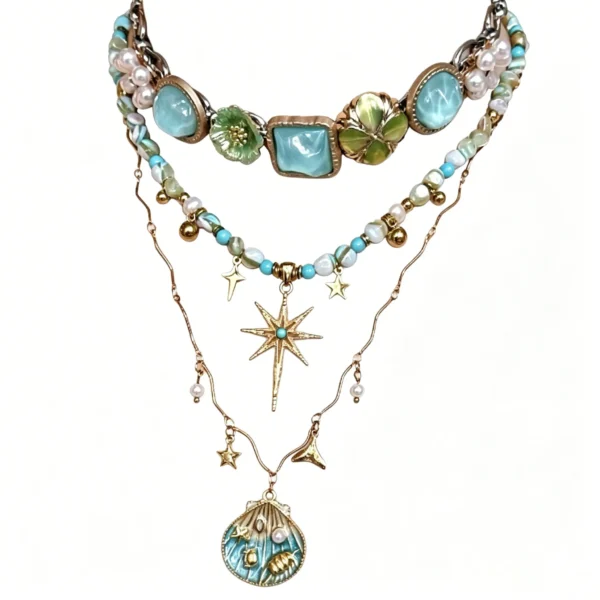 Boho Beaded Necklace – Layered Shell Sun Pendant Hippie Choker for Women