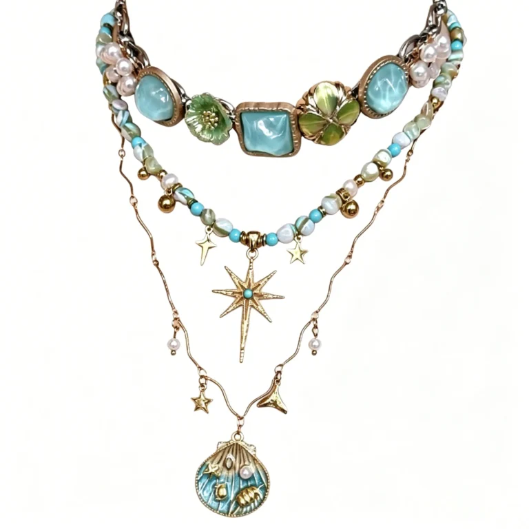 Boho Beaded Necklace – Layered Shell Sun Pendant Hippie Choker for Women