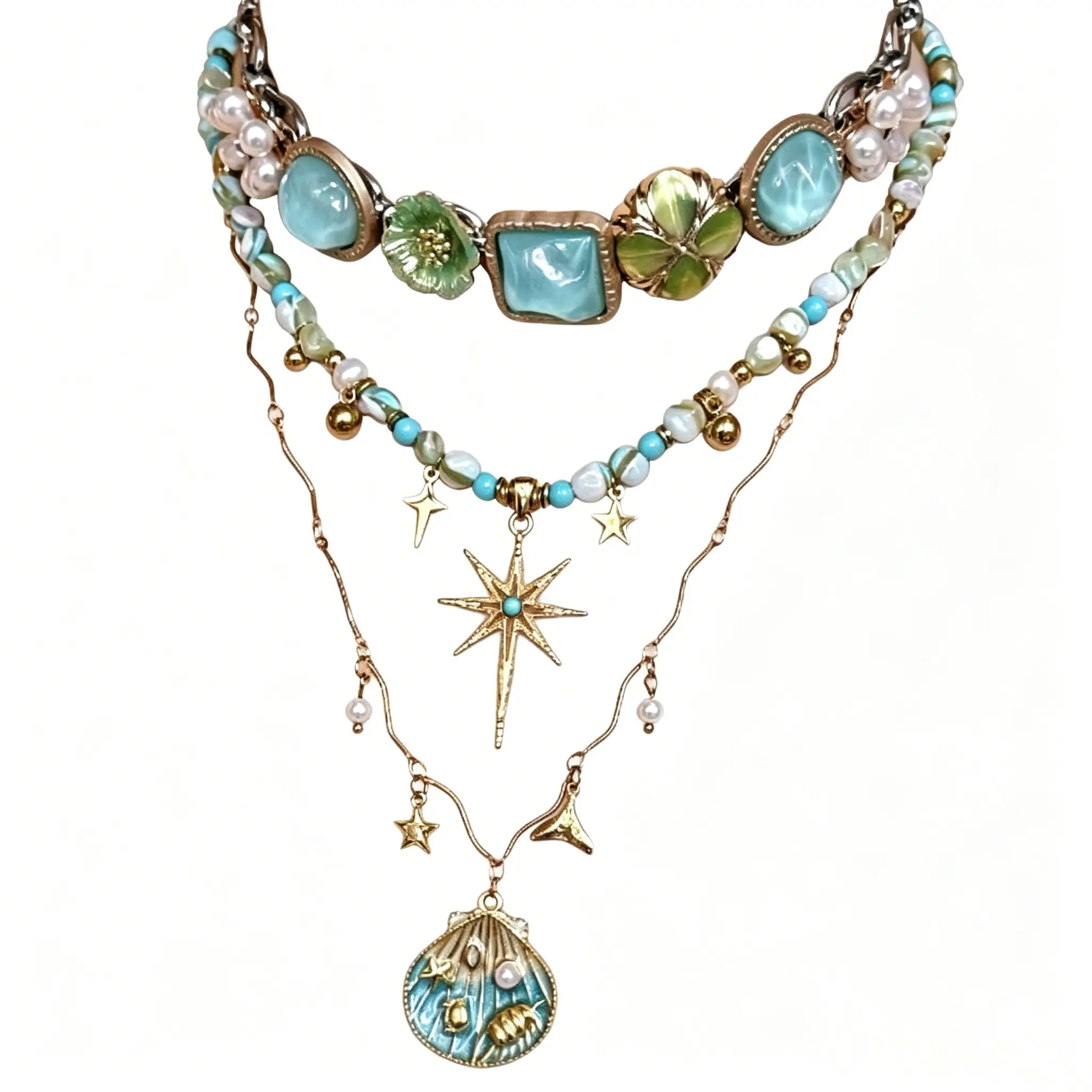 微信图片_20260609101934_641_3 Boho Beaded Necklace – Layered Shell Sun Pendant Hippie Choker for Women