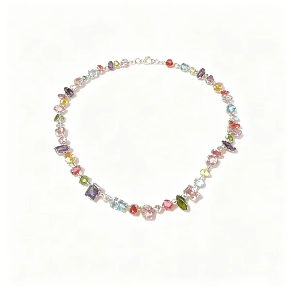 Rainbow crystal necklace and bracelet set with pastel heart shaped gemstones. Sweet colorful jewelry for women.