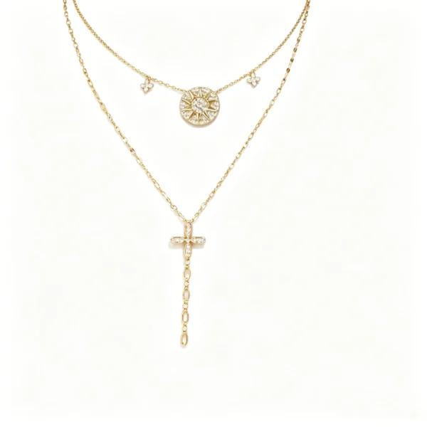 Cross pendant and compass star choker set. Gothic tassel necklace for layering. Wear together or separately. Lightweight gold chain