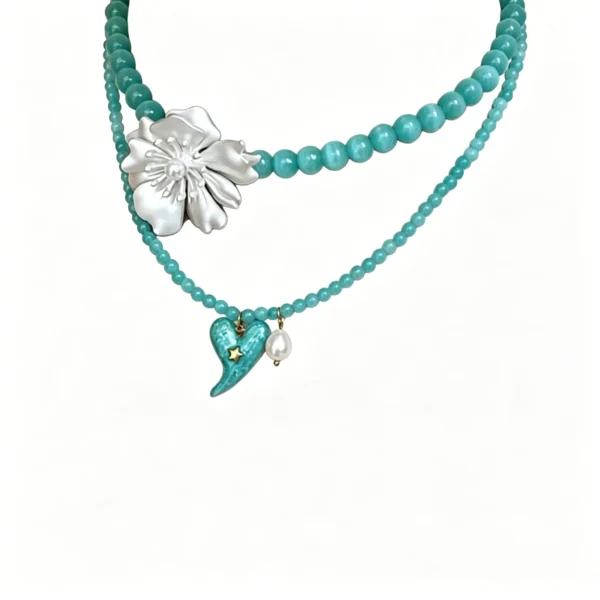 Mint green bead necklace with layered heart and flower daisy chain. Sweet Y2K choker. Lightweight and stackable