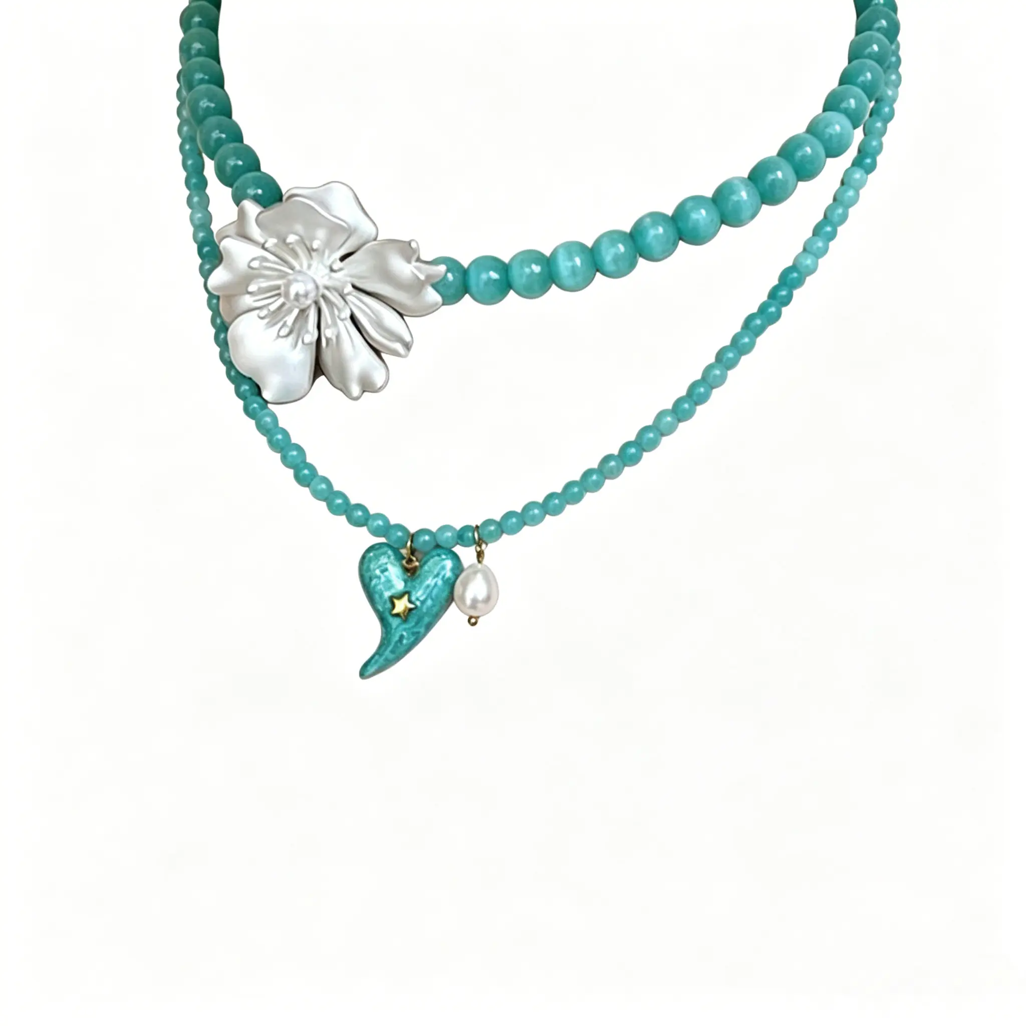 微信图片_20260609114826_657_3 Mint green bead necklace with layered heart and flower daisy chain. Sweet Y2K choker. Lightweight and stackable