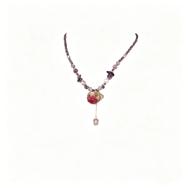 Purple rose necklace with real dried flower preserved in resin. Vintage beaded choker. Lightweight and romantic