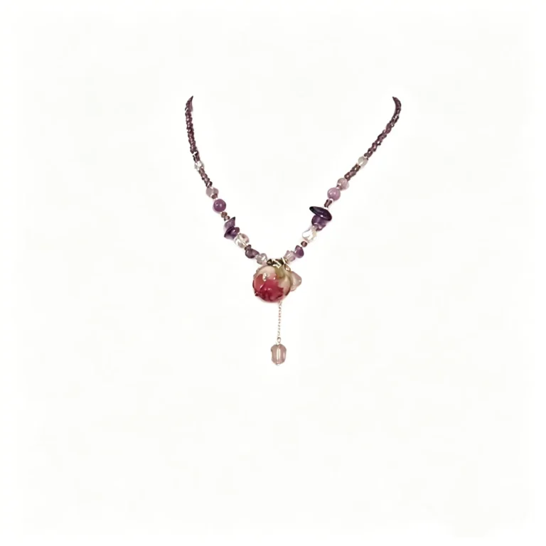 Purple rose necklace with real dried flower preserved in resin. Vintage beaded choker. Lightweight and romantic