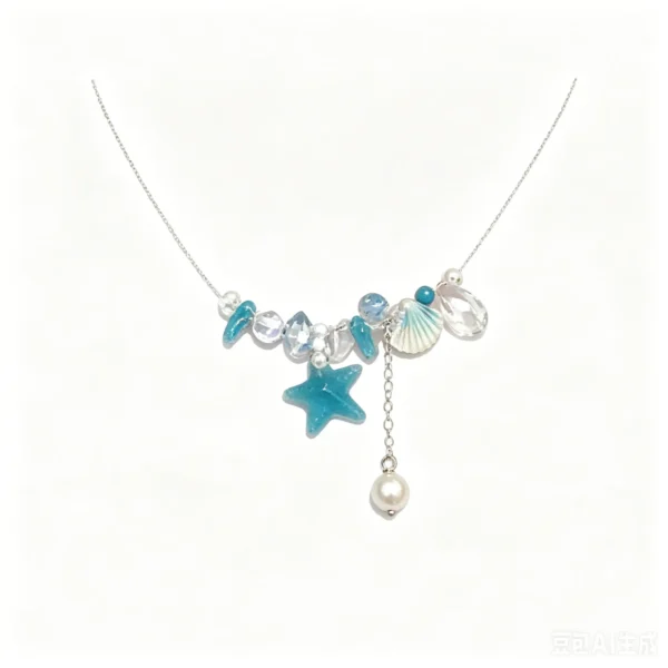 Blue starfish necklace with clear resin pendant. Lightweight minimalist summer choker. Beachy and calming.