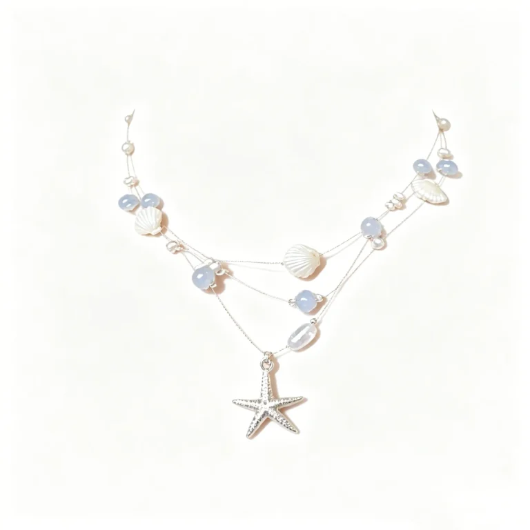 Shell necklace with starfish and pearl charms. Layered beachy choker for vacation. Lightweight and sweet.
