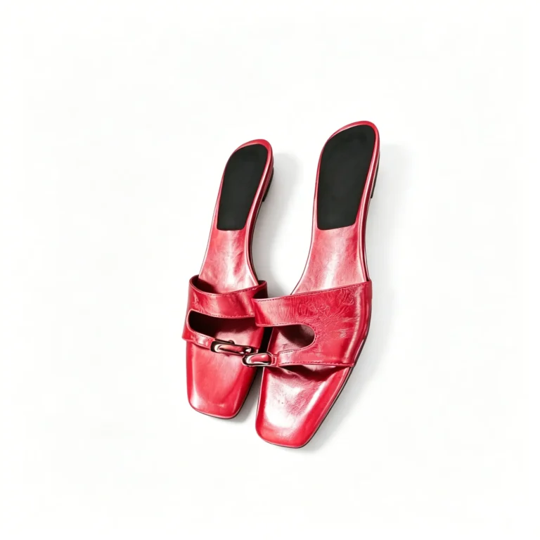 Split toe flat sandals with french style metal buckle. Comfortable slide sandals for daily wear. Lightweight and chic.