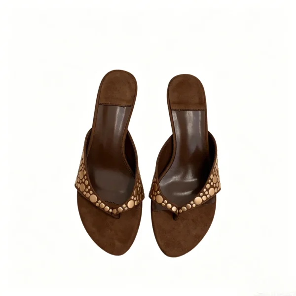 Flat slide sandals with round toe and one band design. Comfortable slip on shoes for daily wear.