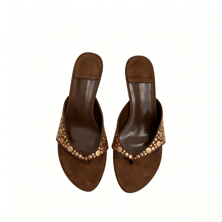 Flat slide sandals with round toe and one band design. Comfortable slip on shoes for daily wear.