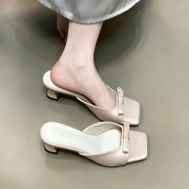Chunky heel sandals with satin bow and square toe. Comfortable dress sandals for summer.