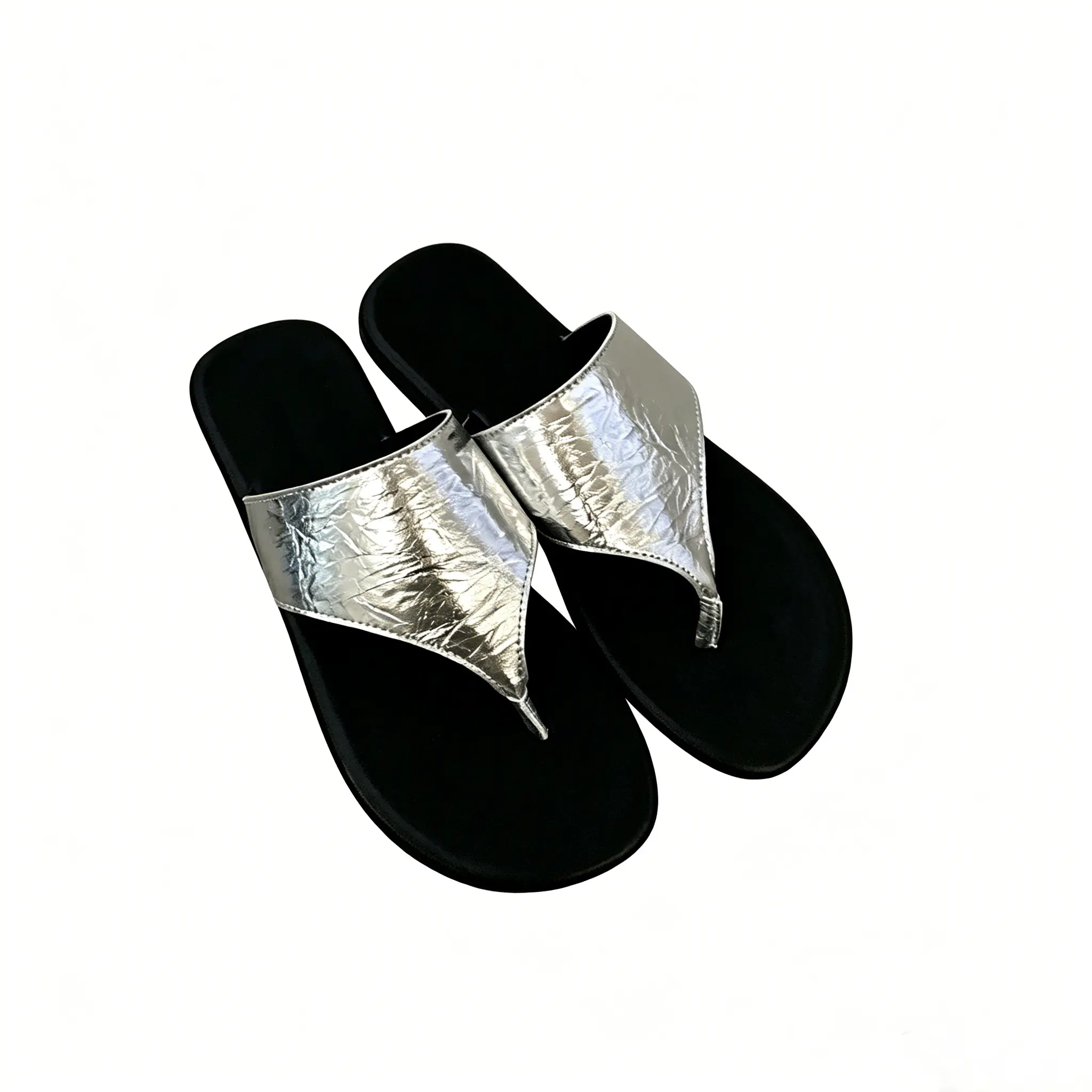 微信图片_20260610141746_690_3 Flat toe loop sandals with roman gladiator strap design. Comfortable beach flip flops for summer. Available in Black, Off-white, Brown, and Silver.