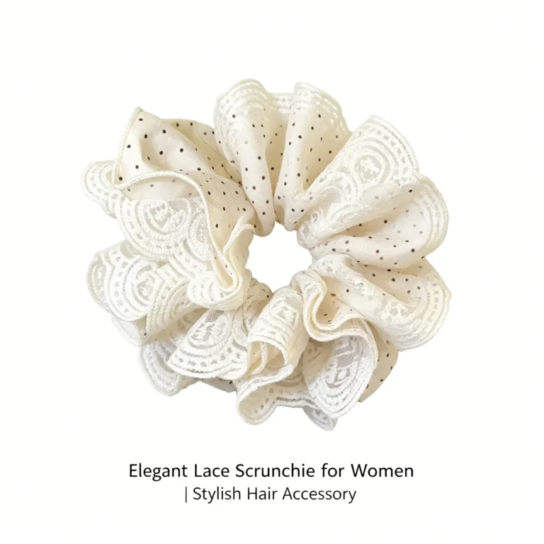 Lace scrunchie with polka dot print. 4 layer poofy hair tie. No crease elastic. Soft and cute. Perfect for ponytails or messy buns.