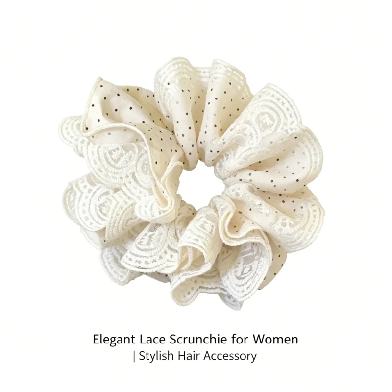 Lace scrunchie with polka dot print. 4 layer poofy hair tie. No crease elastic. Soft and cute. Perfect for ponytails or messy buns.