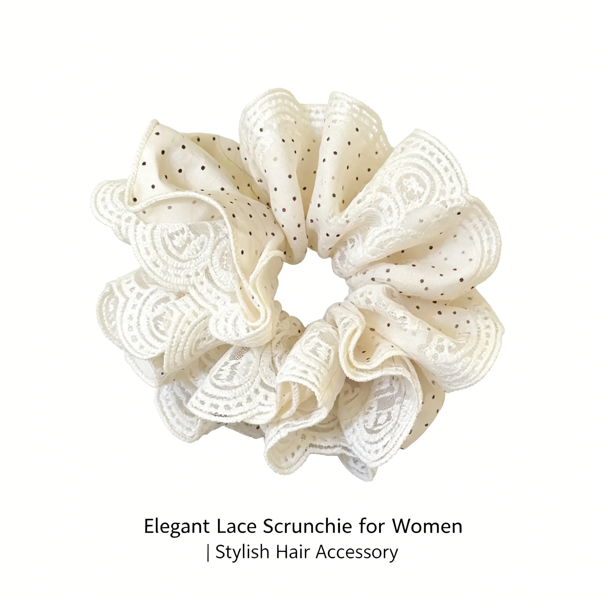 微信图片_20260611134437_712_3 Lace scrunchie with polka dot print. 4 layer poofy hair tie. No crease elastic. Soft and cute. Perfect for ponytails or messy buns.