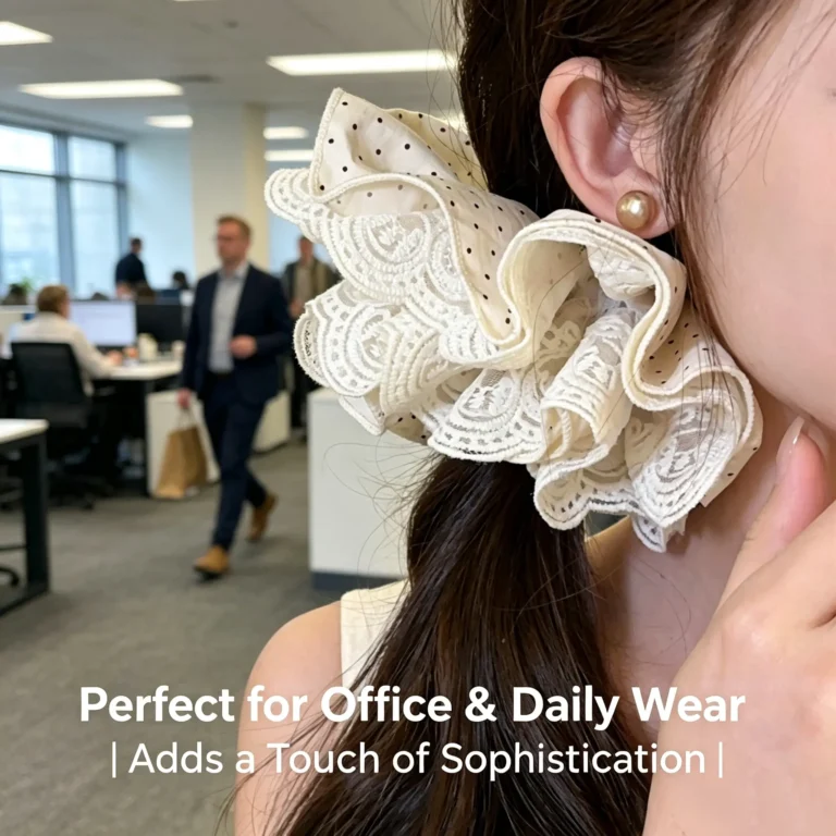 Lace scrunchie with polka dot print. 4 layer poofy hair tie. No crease elastic. Soft and cute. Perfect for ponytails or messy buns.
