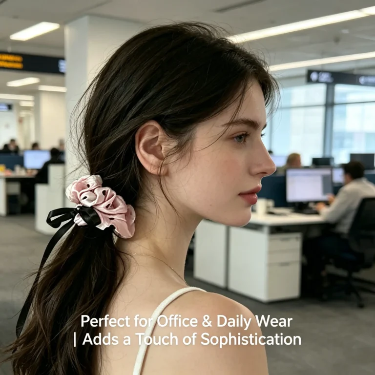 Balletcore scrunchie in pink polka dot satin. Cute bow and ribbon hair tie for ponytails. Soft and lightweight