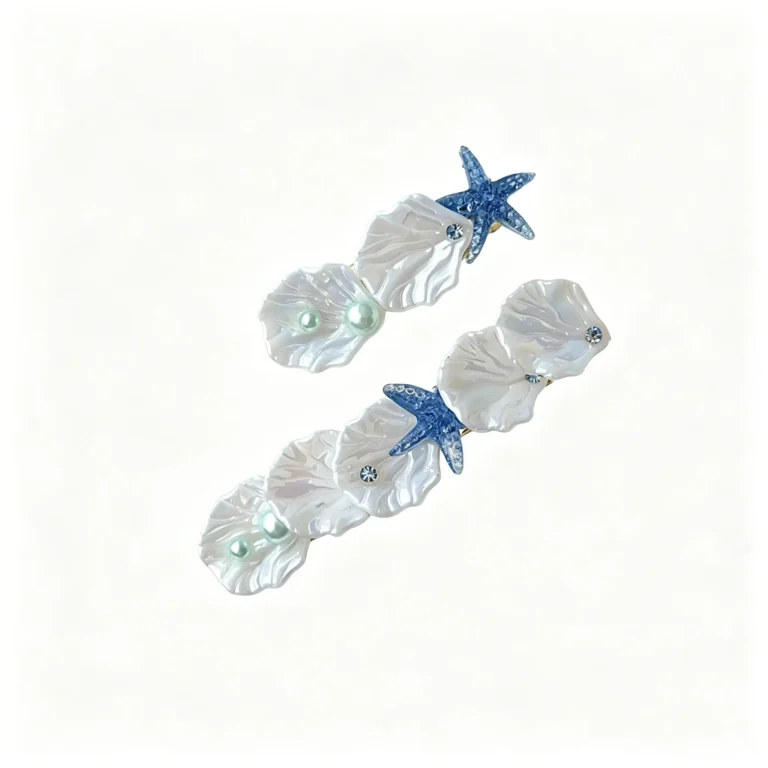 Shell hair clip with starfish design. Beach hair accessory for side bangs. Cute and lightweight. Available in 3 styles.
