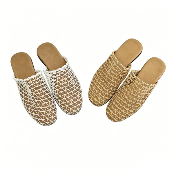 Woven mules with fishtail design. Breathable summer slippers for daily wear. Lightweight and comfortable. Available in Yellow, Off-White, and Black. Free shipping $38+.
