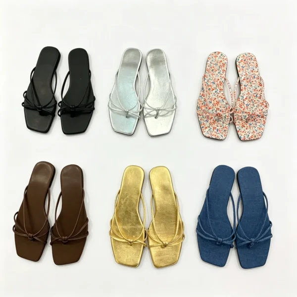 Flat slide sandals with French style. Soft sole beach slippers for summer. Lightweight and comfortable.