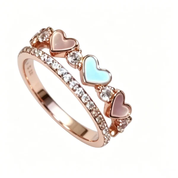 Bow Heart Ring Set – Korean Style Stackable Pink Rings for Women