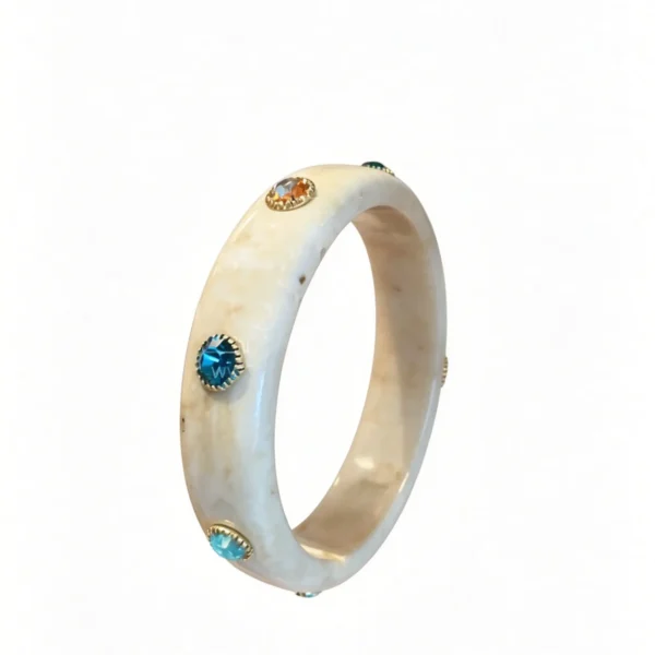 Vintage Resin Bangle – Cream Marble Rhinestone Cuff Bracelet for Women