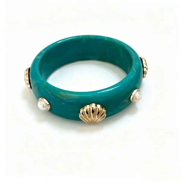 Teal Resin Bangle – Seashell Pearl Coastal Summer Bracelet for Women